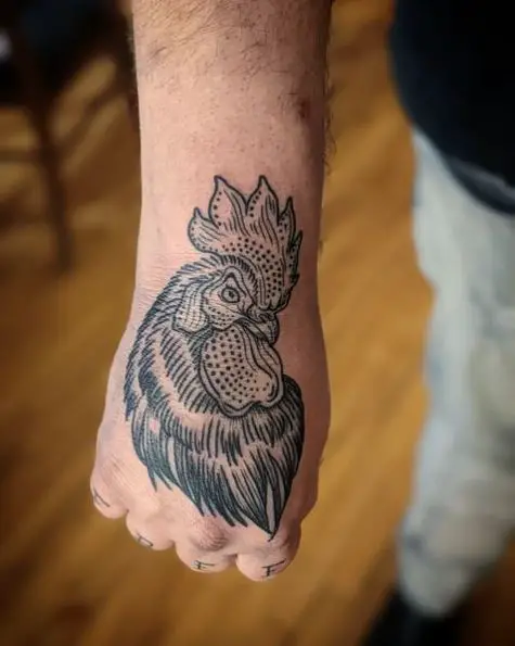 Black Work Rooster Hand Tattoo