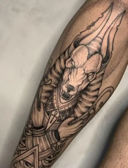 Black Work Tattoo of Anubis God