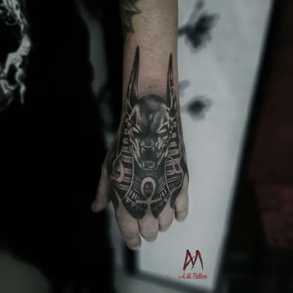 Black and Grey Anubis Hand Tattoo Piece