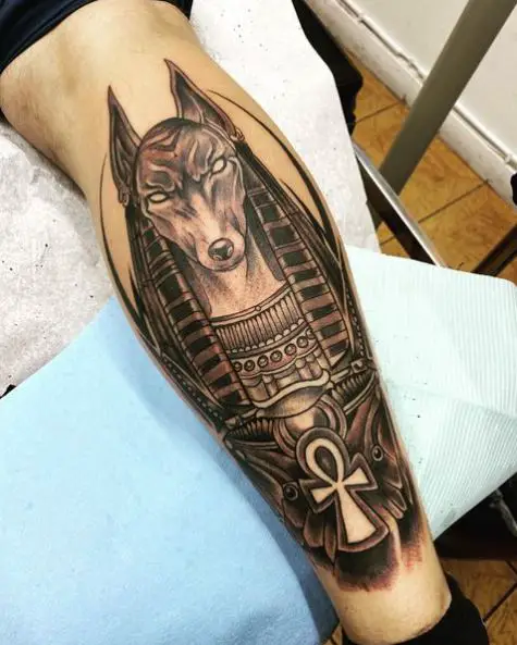 Black and Grey Anubis Leg Tattoo