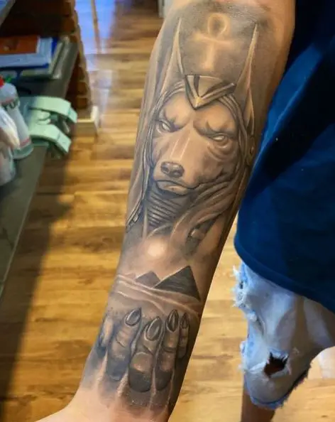 Black and Grey Anubis Sleeve Tattoo