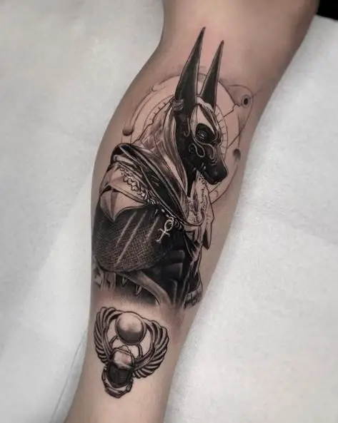 Black and Grey Anubis Tattoo on Calf