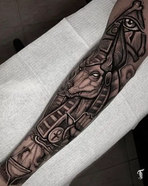 Black and Grey Anubis Tattoo on Legs