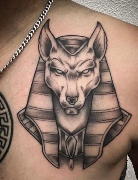Black and Grey Anubis Tattoo on the Chest