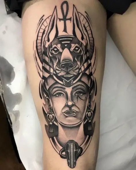 Black and Grey Anubis and Woman Face Tattoo