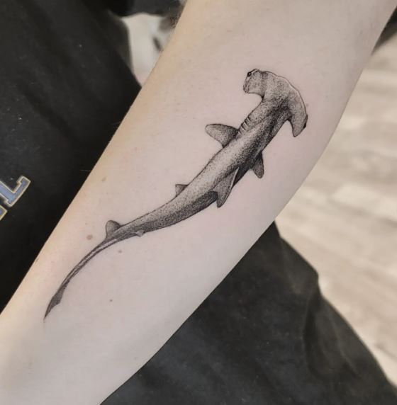Black and Grey Hammerhead Forearm Tattoo