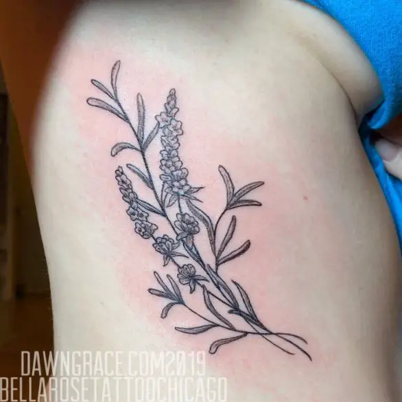 Black and Grey Lavender Flowers Ribs Tattoo