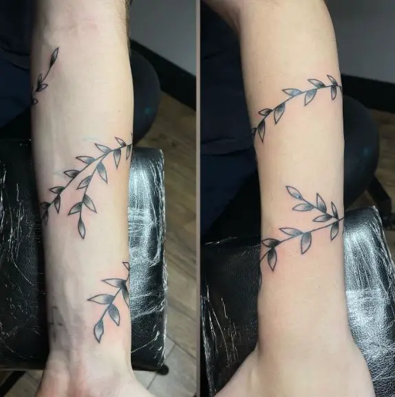 Black and Grey Leaf Vine Forearm Tattoo