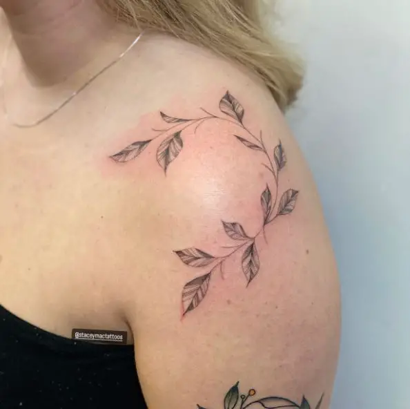 Black and Grey Leaves Shoulder Tattoo
