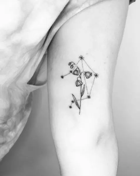 Black and Grey Lily of the Valley and Star with Dotted Lines Tattoo