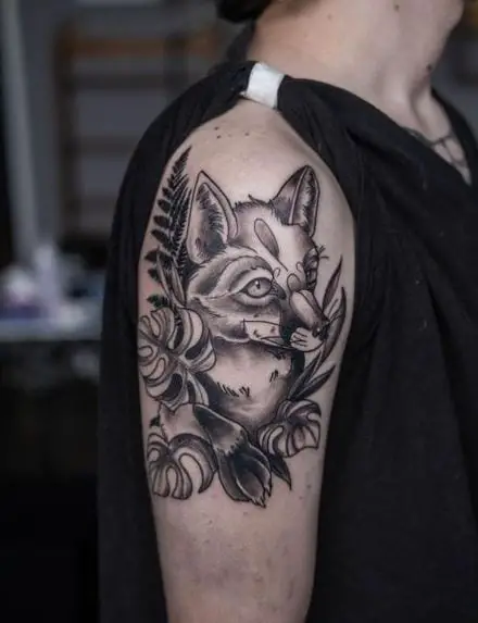 Black and Grey Neo Traditional Fox Tattoo