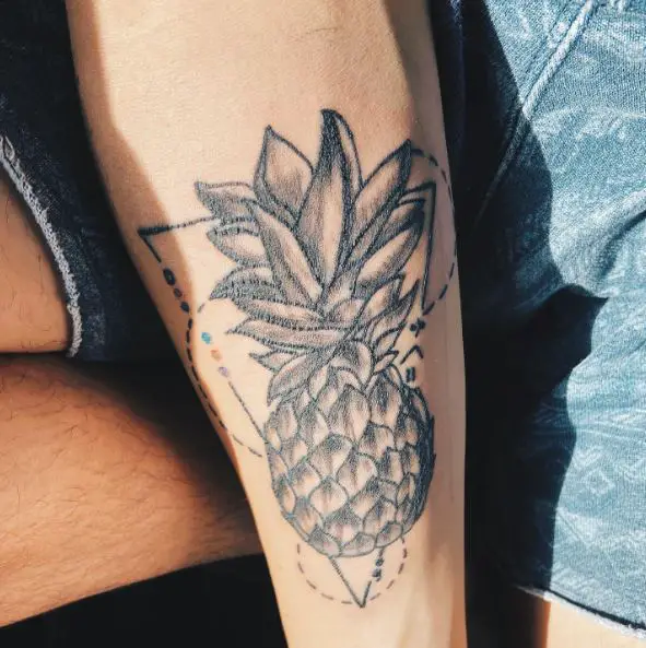 Black and Grey Pineapple Tattoo with Lines and Shapes