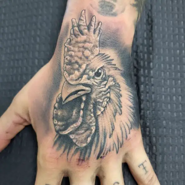 Black and Grey Rooster Face Tattoo