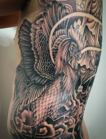 Black and Grey Rooster Tattoo Piece