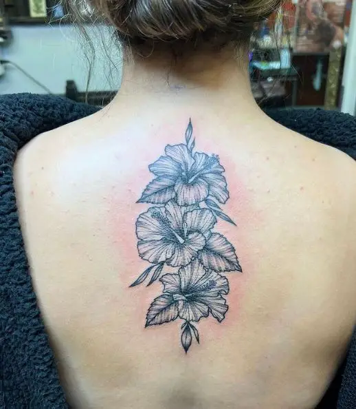 Black and Grey Three Hibiscus Flower Back Tattoo