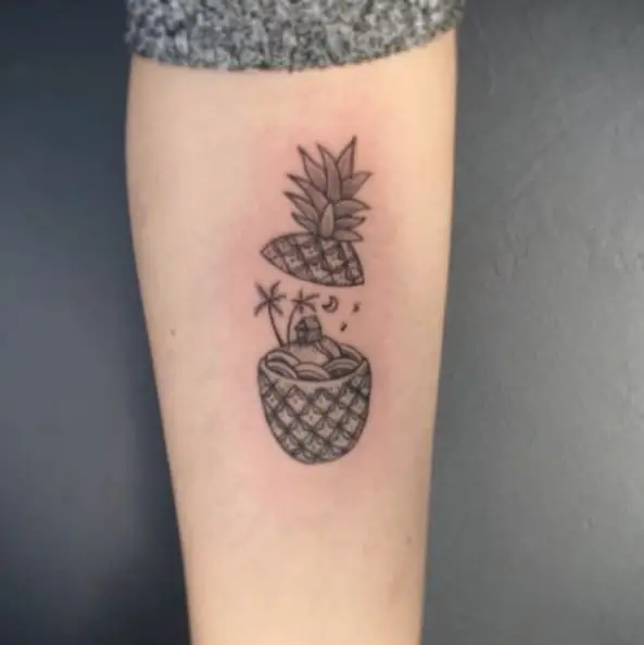 Black and Grey Top Sliced Pineapple and Palm Trees Tattoo Piece