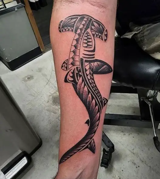 Black and Grey Tribal Hammerhead Shark Tattoo