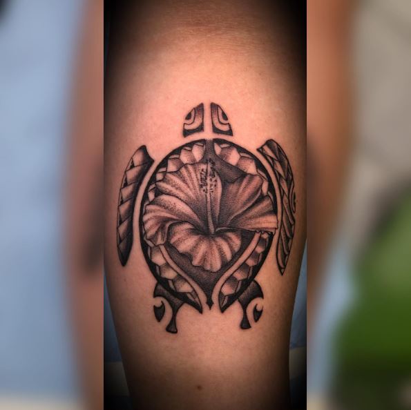 Black and Grey Turtle and Hibiscus Polynesian Tattoo