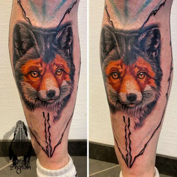 Black and Orange Fox Face Tattoo