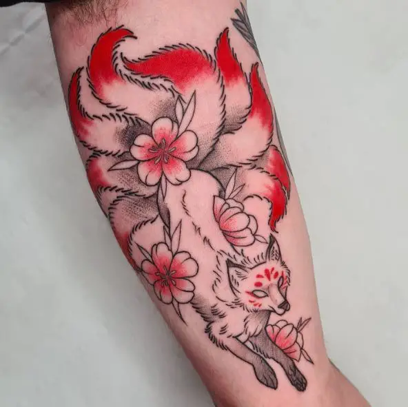 Black and Red Floral Japanese Fox Tattoo