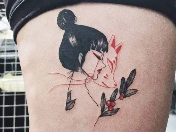 Black and Red Kitsune Girl Tattoo