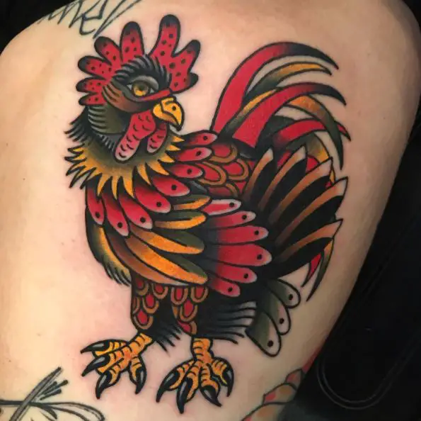 Black and Red Traditional Rooster Tattoo