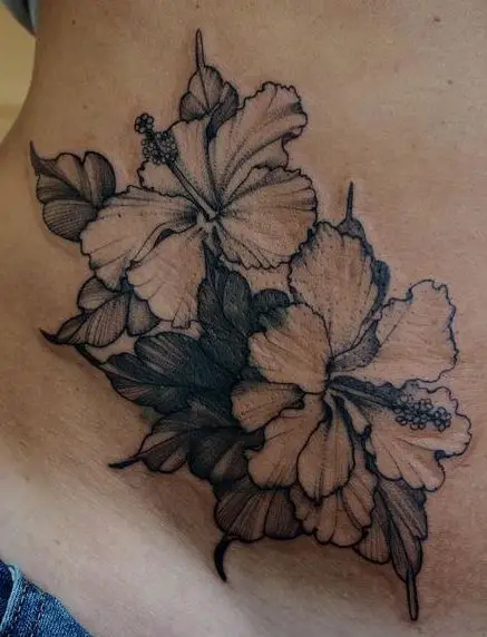 Black and White Hibiscus Flowers and Leaves Tattoo