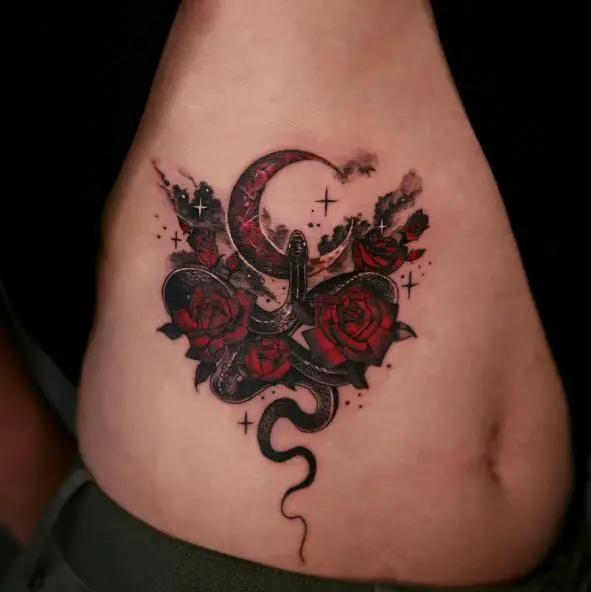 Blood Red Rose, Snake, and Crescent Moon Tattoo