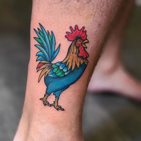 Blue Rooster Ankle Tattoo Piece