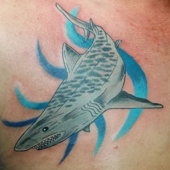 Blue Tiger Shark Chest Tattoo