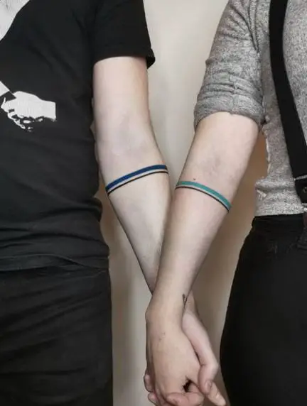 Blue and Black Two Lines Tattoo for Couples