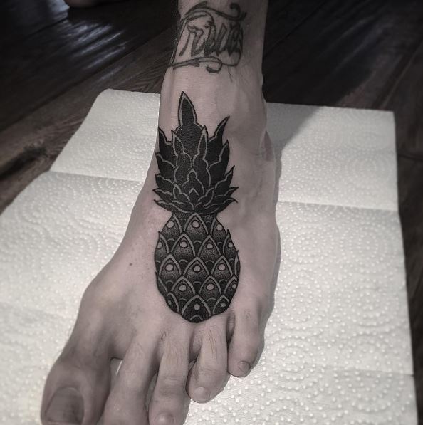 Bold Black and Grey Pattern Pineapple Tattoo on Foot