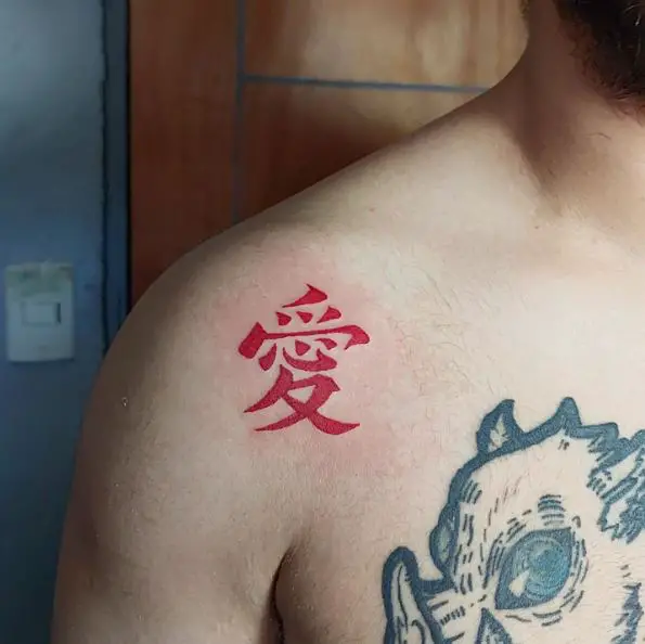 Bold Red Kanji Shoulder Tattoo