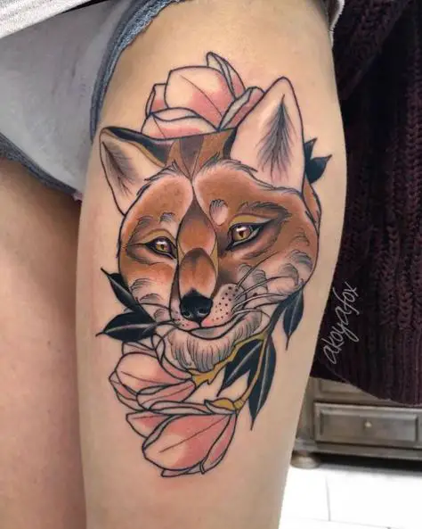 Brown Fox Face with Plants Tattoo