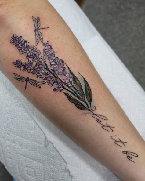 Bunch of Lavender Flowers and Dragon Fly Tattoo