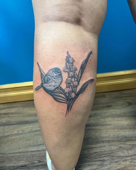 Chickadee Bird and Lily of the Valley Floral Tattoo