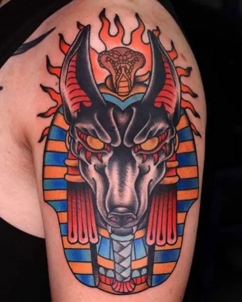 Colored Anubis Tattoo on Arms