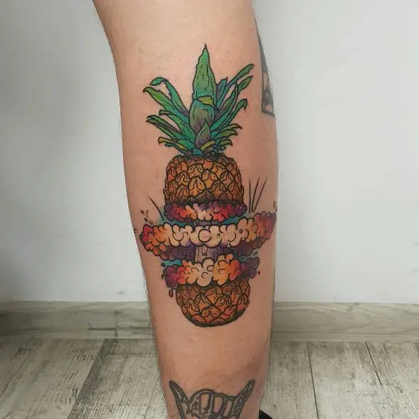 Colored Sliced Pineapple Leg Tattoo