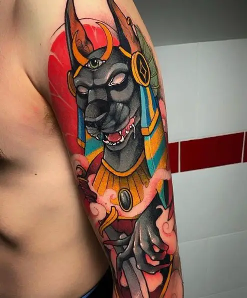 Colorful Anubis God Sleeve Tattoo