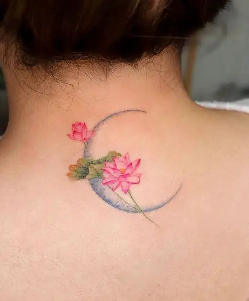 Colorful Crescent Moon and Lotus Flowers Tattoo