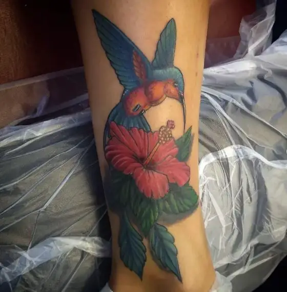 Colorful Hummingbird and Hibiscus Flower Tattoo