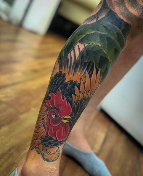 Colorful Rooster Leg Tattoo
