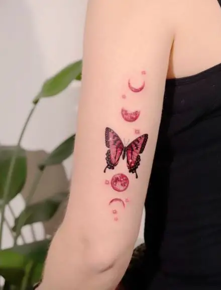 Crescent Moon, Full Moon, and Half Moon Tattoo with Butterfly