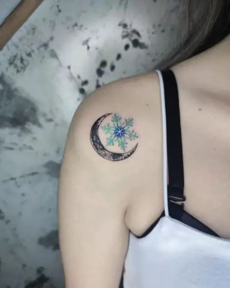 Crescent Moon and Snowflake Shoulder Tattoo