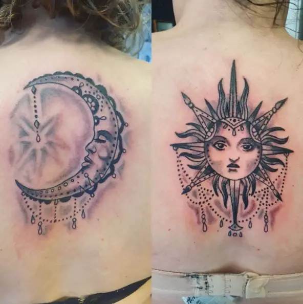 Crescent Moon and Sun Back Tattoo