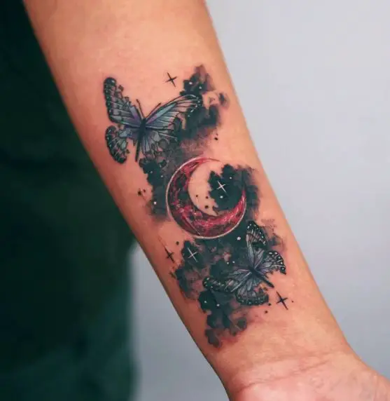 Crescent Moon and Twin Butterfly Tattoo