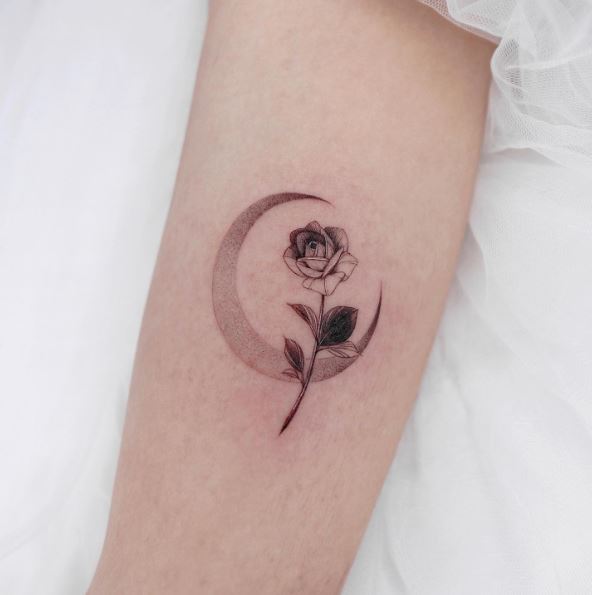Crescent Moon with a Rose Tattoo