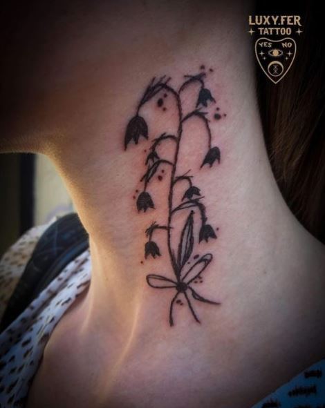 Dark Inked Lily of the Valley Neck Tattoo