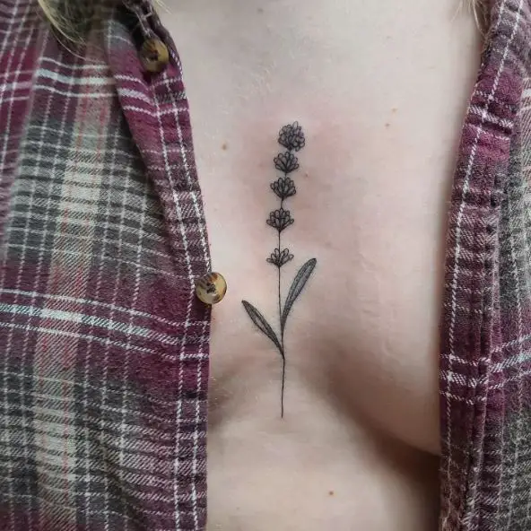 Delicate Little Lavender Sprig Tattoo on Chest