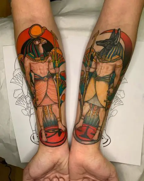 Egyptian Gods RA and Anubis Wrists Tattoo